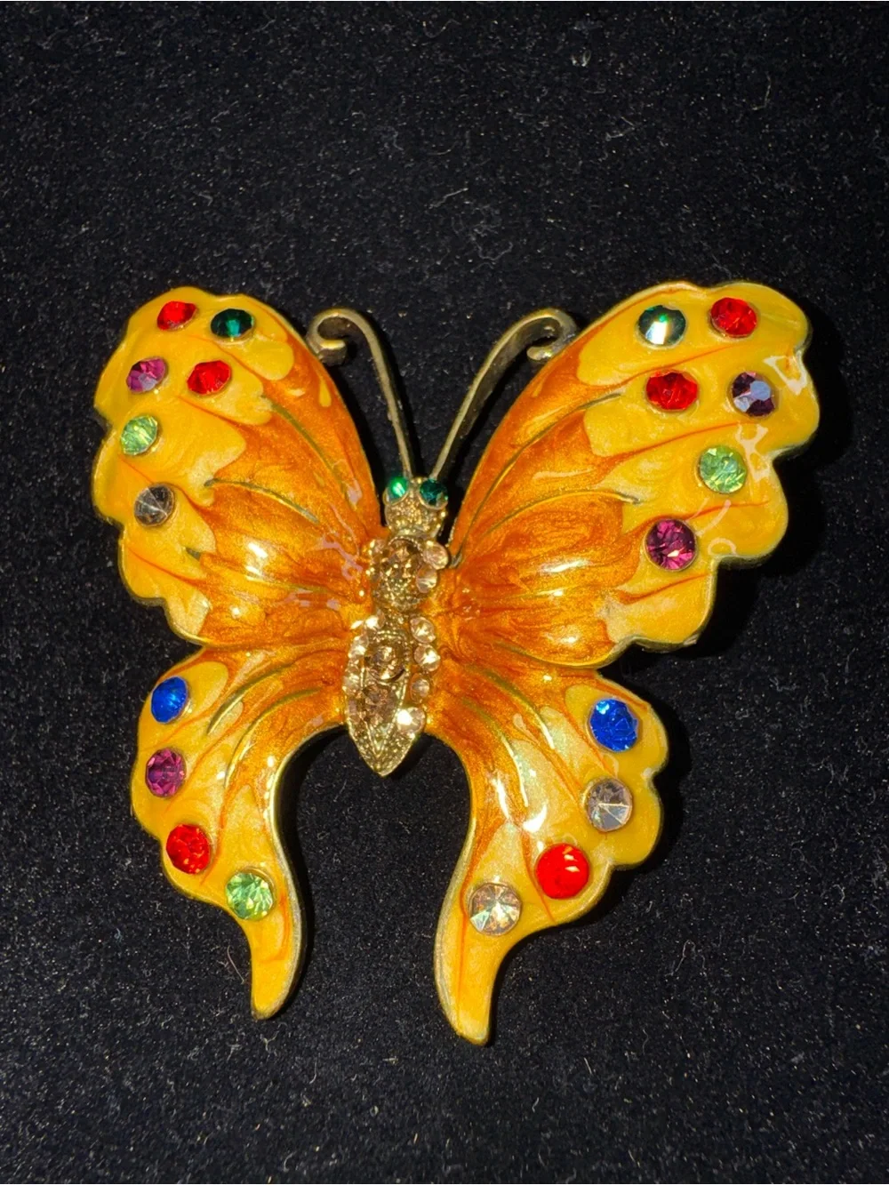 Gold Tone Butterfly Brooch Orange Yellow Enamel Multicolor Rhinestone Statement